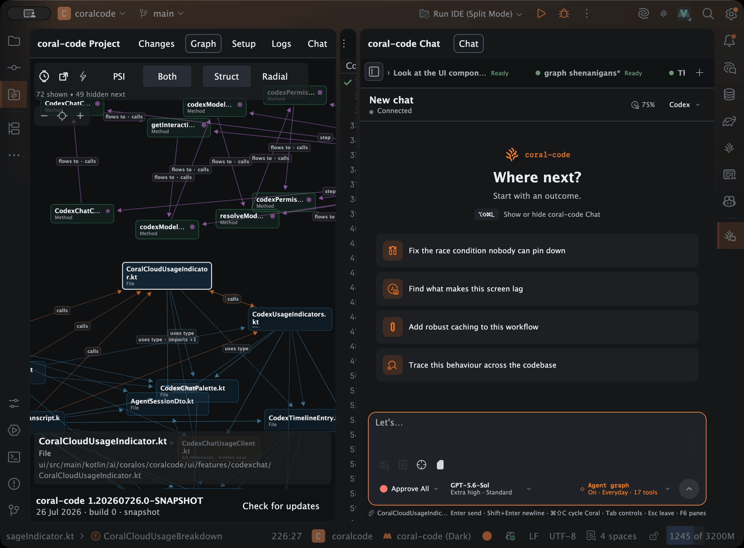 Animated coral-code view in IntelliJ showing the developer's coding agent beside a coordinated Agent Graph operation